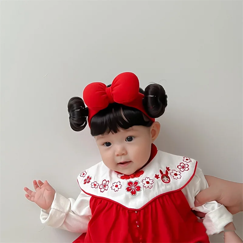 Color: PURPLE - New Year Hair Accessories Cute Bow Baby Girl Wig Hat Hairpiece Christmas Newborn Children Kids Girls Cosplay Headbands Headwear