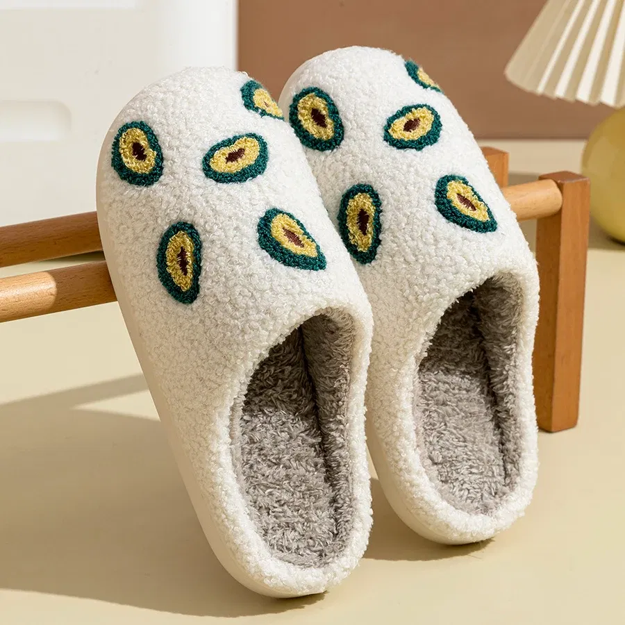 Color: Pink, Shoe Size: 3.5 - Cute Avocado Women Slippers Winter Warm Indoor Fruit Cartoon Funny Soft Non-slip Slipper Cherry Strawberry Comfy Cotton Shoes