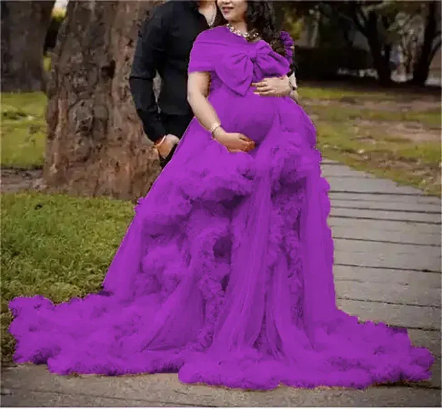 Color: PURPLE, Maternity Size: 12, Ships From: CHINA - BIG BOW Tulle Ruffle maternity dresses photoshoot baby shower п?»?°?‚ь?µ д?»я ?±?µр?µм?µнн?‹?… فس?§تي?† ?­