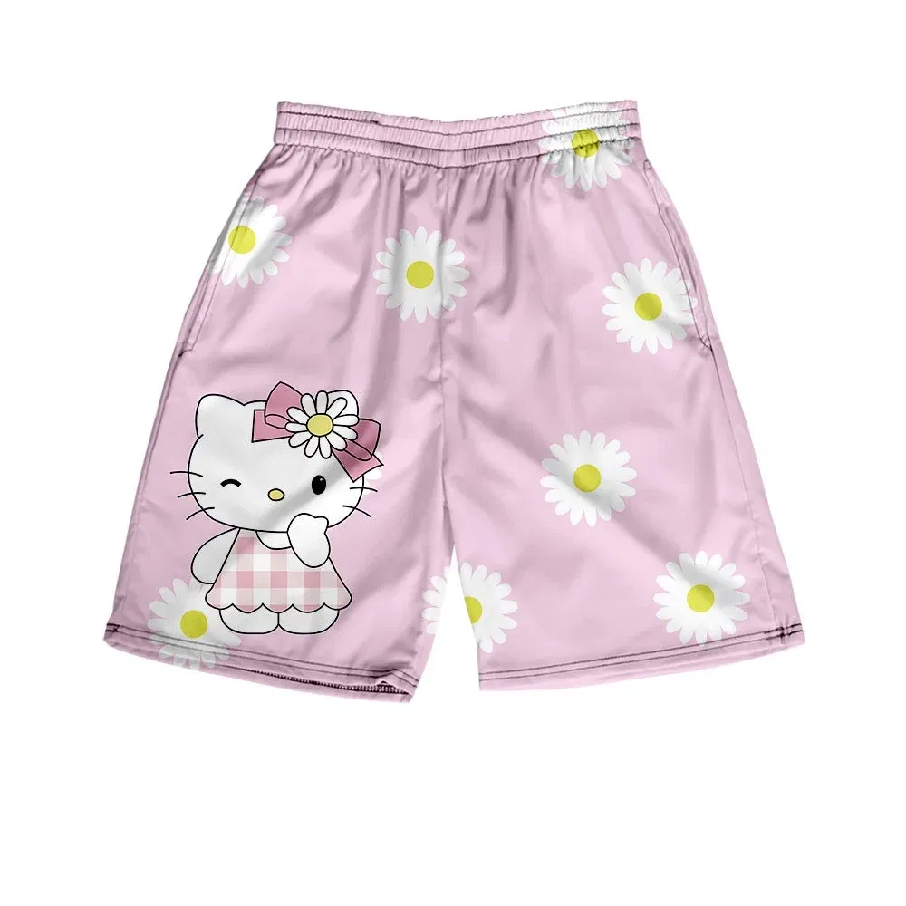 Color: Beige, Kid Size: 6 - Hello Kitty Summer Boy Girls Loose Shorts Versatile Trendy Slimmer Look Ins Casual Cropped Pants