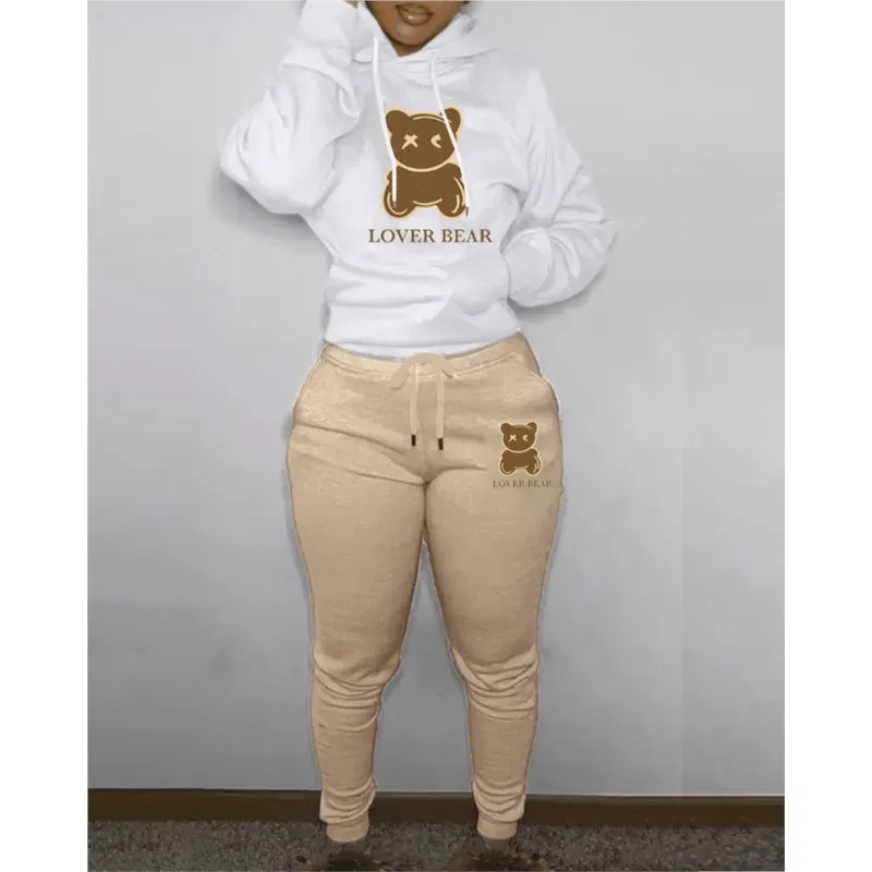 Color: Cyan, Size: XL - 2 Piece Set Women Outfit Letter Bear Print Hooded Neck Hoodies Sweatshirt Pants Tracksuit 2024 Plus Size Streetwear Casual Suit