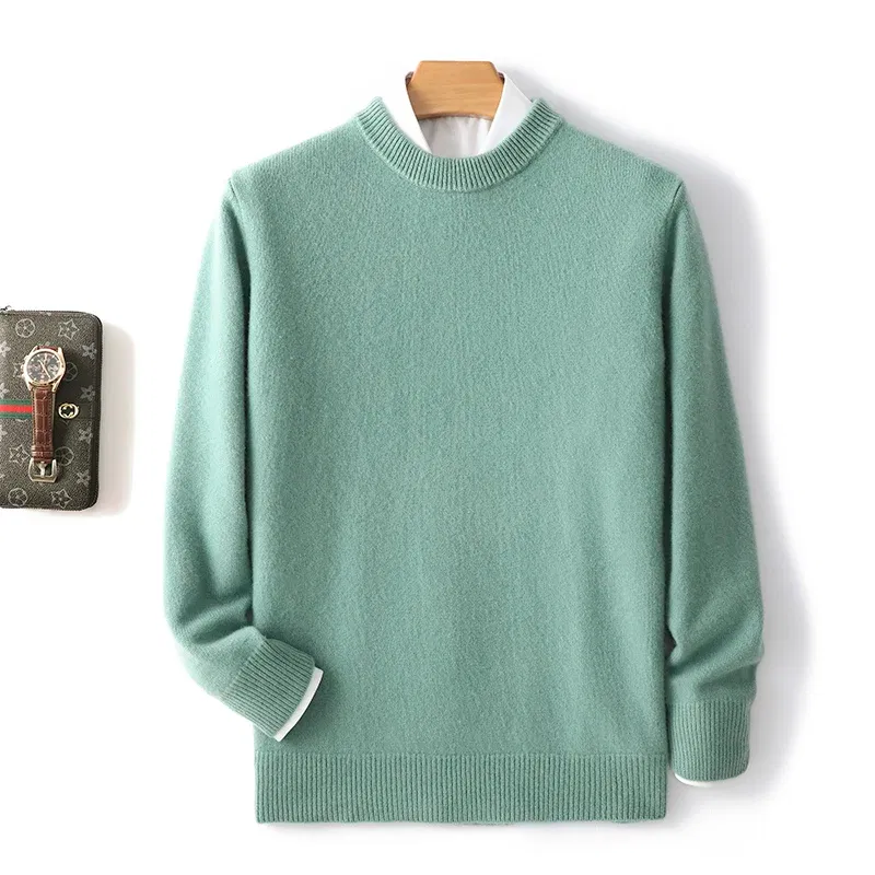 Color: Turquoise, Size: XXL, Ships From: CHINA - Men's 100% Pure Wool Cashmere Sweater O-Neck Pullover Knit Sweater Autumn and Winter New Long Sleeve High-End Jumpers Thick Tops