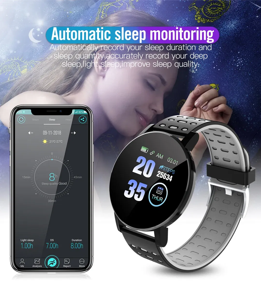 Color: GRAY - 119S Smartwatch Bluetooth Smart Watch Men Blood Pressure Women Smart Band Clock Sports Fitness Tracker Watch For Android IOS