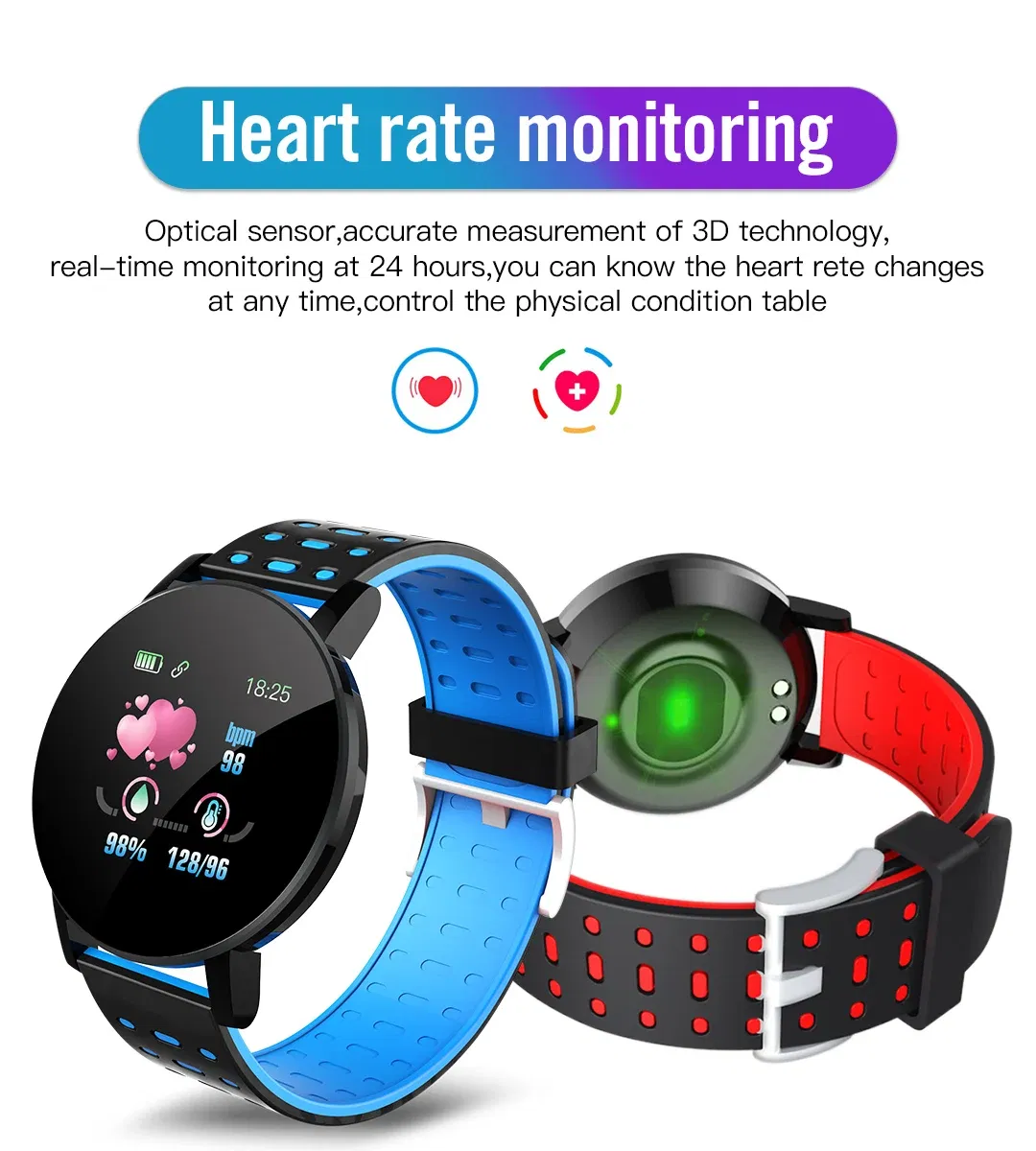 Color: GRAY - 119S Smartwatch Bluetooth Smart Watch Men Blood Pressure Women Smart Band Clock Sports Fitness Tracker Watch For Android IOS