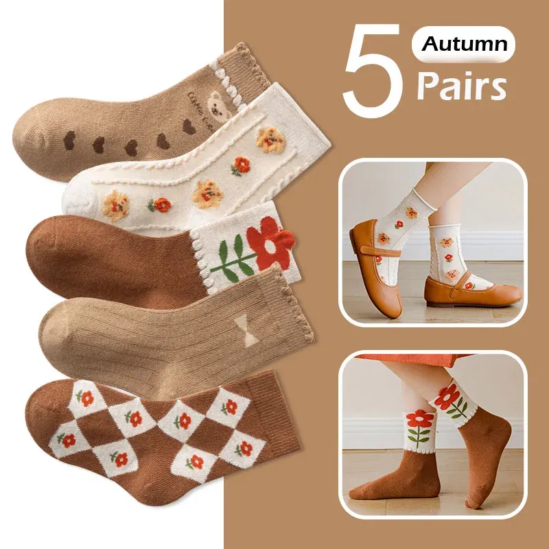 Color: GRAY, Size: 7-9T - Kids Socks Warm Cotton Autumn Spring Socks Girls Calf Length Coffee Khaki Bear Socks Baby Sock
