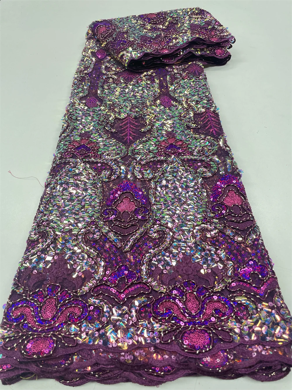 Color: BROWN, Length: 3 YARDS, Width: 120cm - 2023 High Quality French Mesh Embroidery Sequins Lace Fabric African Nigerian Lace Fabric For Wedding Dress Sewing 3Yards QF154