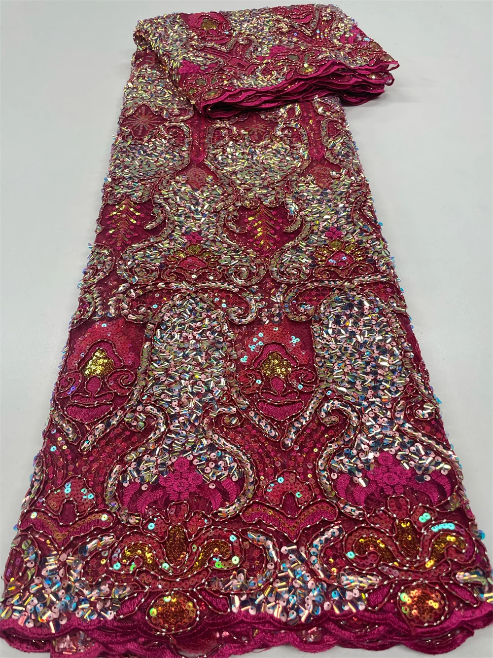 Color: BROWN, Length: 3 YARDS, Width: 120cm - 2023 High Quality French Mesh Embroidery Sequins Lace Fabric African Nigerian Lace Fabric For Wedding Dress Sewing 3Yards QF154