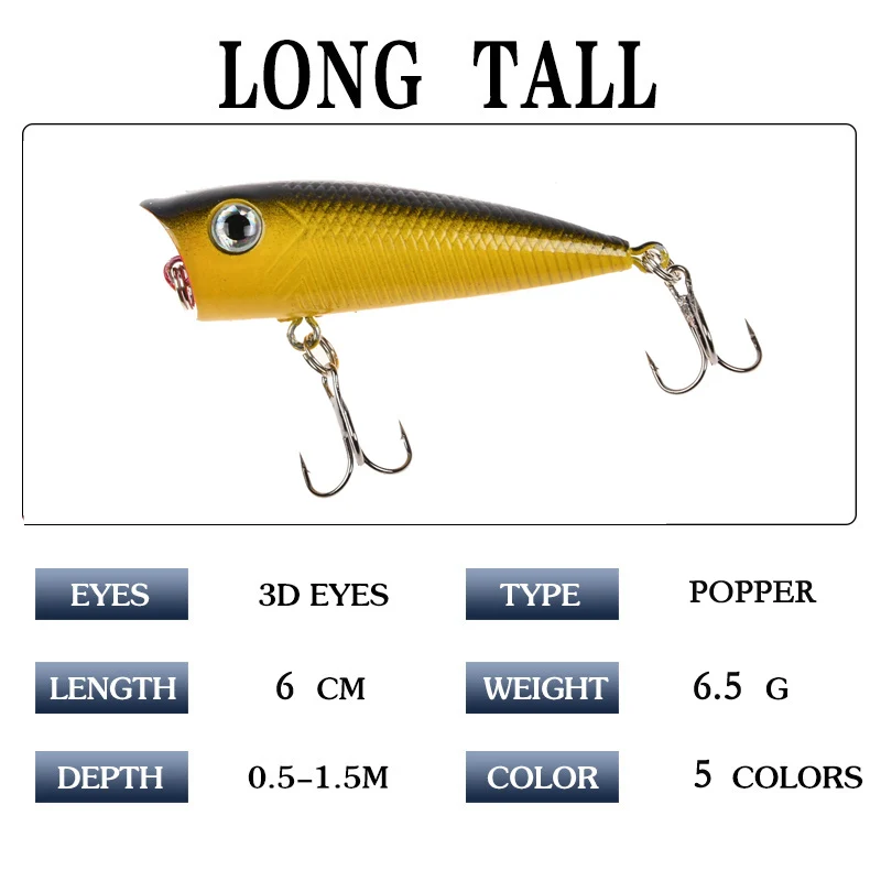 Color: Light green - 1pc Popper Fishing Lure 6cm/6.5g Hard Bait Artificial Topwater Bass Trout Pike Wobbler Fishing Tackle with 2 Treble Hooks