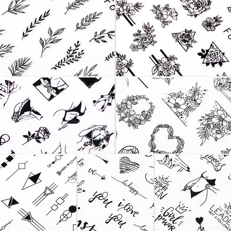 Color: Sky Blue - Heart Leaf Design 3D Nail Sticker Black White Transfer Stickers for Nails Sexy Girl Face Self-adhensive Slider Tip Abstract Wrap