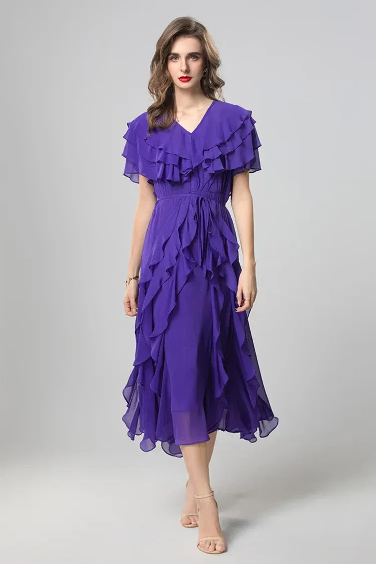 Color: Blue, Size: XL, Ships From: CHINA - SEQINYY Elegant Midi Dress Summer Spring New Fashion Design Women Runway Short Sleeve Ruffles Cascading High Street Casual