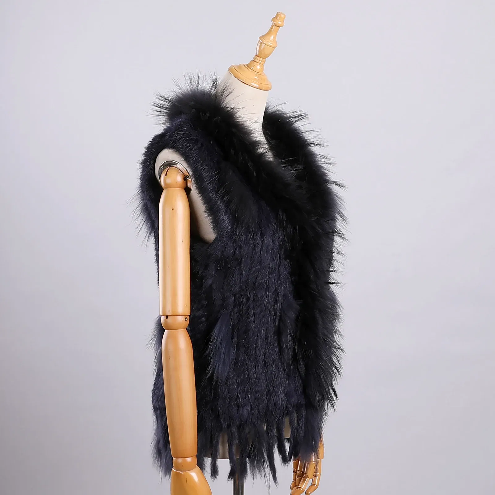 Color: Navy Blue, Size: L - Luxury Women's Genuine Premium Long Hair Rabbit Fur Knit Vest Raccoon Fur Trim Gilet Lady Sleeveless Waistcoat Real Fur Jacket