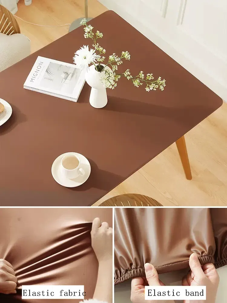 Color: Light Grey, Specification: 60*120cm - Solid color PU leather table cover fixable elastic tablecloth waterproof round square Table cloth custom table protector