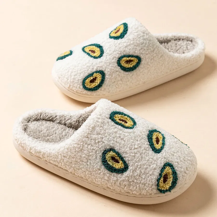 Color: WHITE, Shoe Size: 3.5 - Cute Avocado Women Slippers Winter Warm Indoor Fruit Cartoon Funny Soft Non-slip Slipper Cherry Strawberry Comfy Cotton Shoes