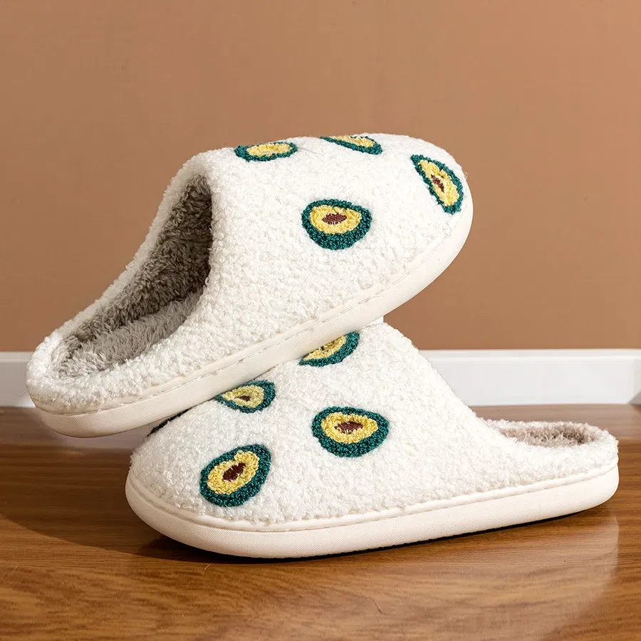 Color: WHITE, Shoe Size: 3.5 - Cute Avocado Women Slippers Winter Warm Indoor Fruit Cartoon Funny Soft Non-slip Slipper Cherry Strawberry Comfy Cotton Shoes