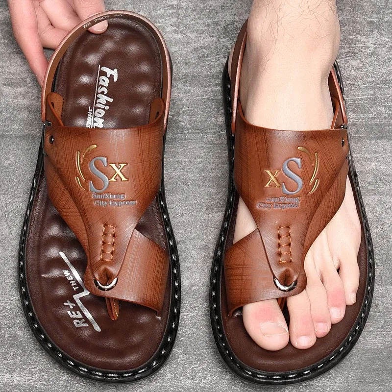Color: Chocolate, Shoe Size: 42 - Summer Men Sandals Casual Genuine Leather Leisure Sandals Designer Shoes Men