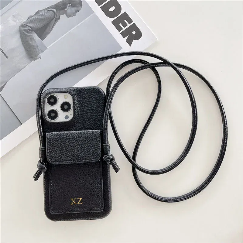 Color: black, Material: Microfiber - Personalized Gold Silver Letters Leather PU Card Holder Lanyard Hard Case For iPhone 14 13 12 11 15 Pro Max XS XR 16 Plus Cover