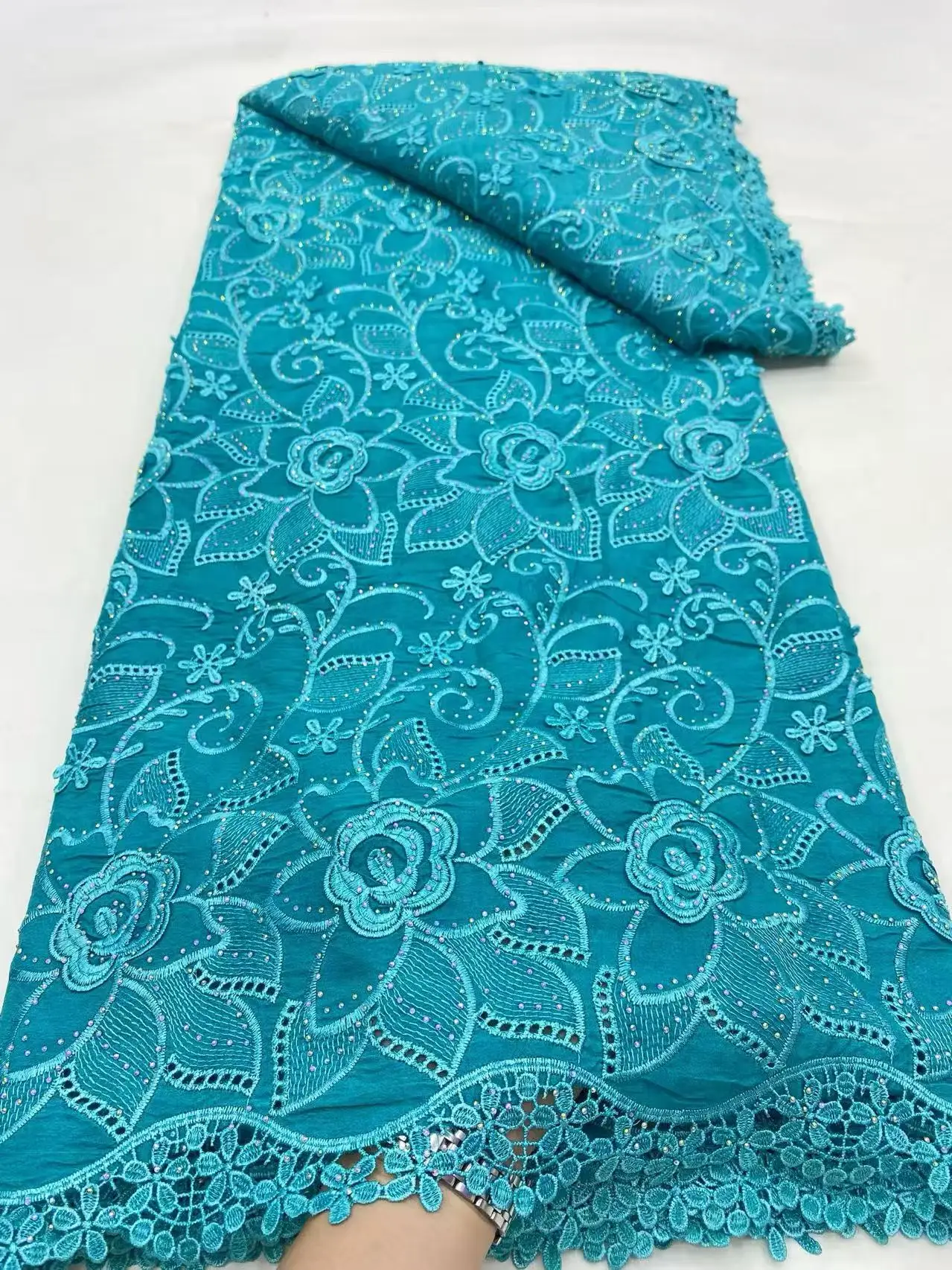Color: SKY BLUE, Width: 120cm, Length: 5 yards - 5 Yards Nigerian Guipure Cord Lace Fabric High Quality Embroidery African Milk Silk Wedding Lace Fabric 2025 Material