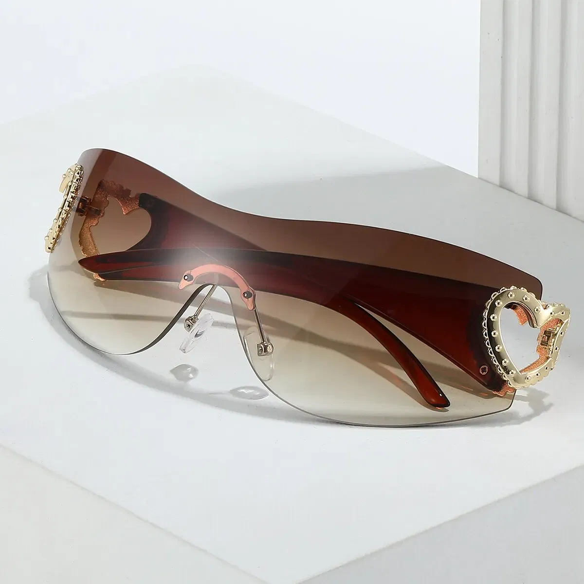 Frame Color: Gold, Lenses Color: Orange - Y2K Wrap Around Fashion Sunglasses For Women Men One-piece Gradient Lens Glasses Heart Design Hollow Temple Eyewear UV400