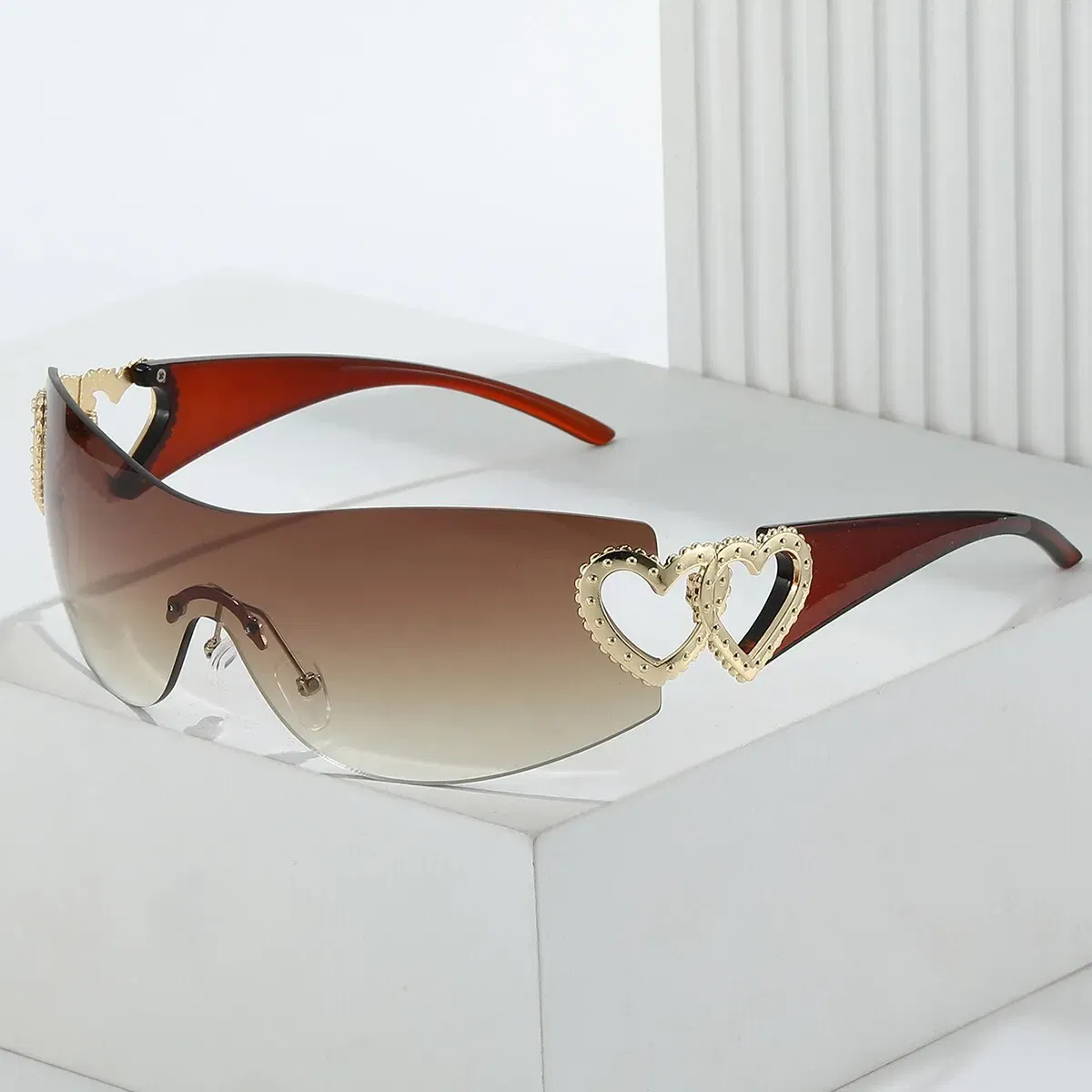 Frame Color: Gold, Lenses Color: Orange - Y2K Wrap Around Fashion Sunglasses For Women Men One-piece Gradient Lens Glasses Heart Design Hollow Temple Eyewear UV400