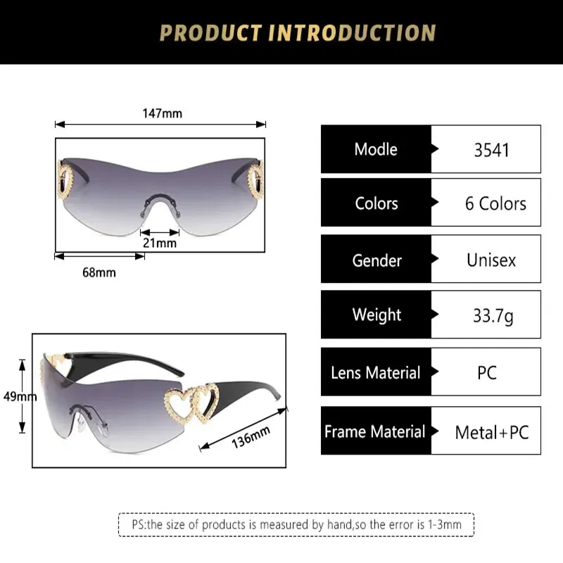 Frame Color: Gold, Lenses Color: Orange - Y2K Wrap Around Fashion Sunglasses For Women Men One-piece Gradient Lens Glasses Heart Design Hollow Temple Eyewear UV400
