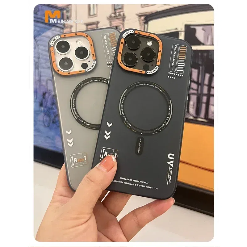 Color: black, Material: ABS - Matte Magnetic Phone Case For iPhone 12 13 14 15 16 Pro Max Megsafe Wireless Charge Frosted Back Metal Lens Frame Buttons Cover