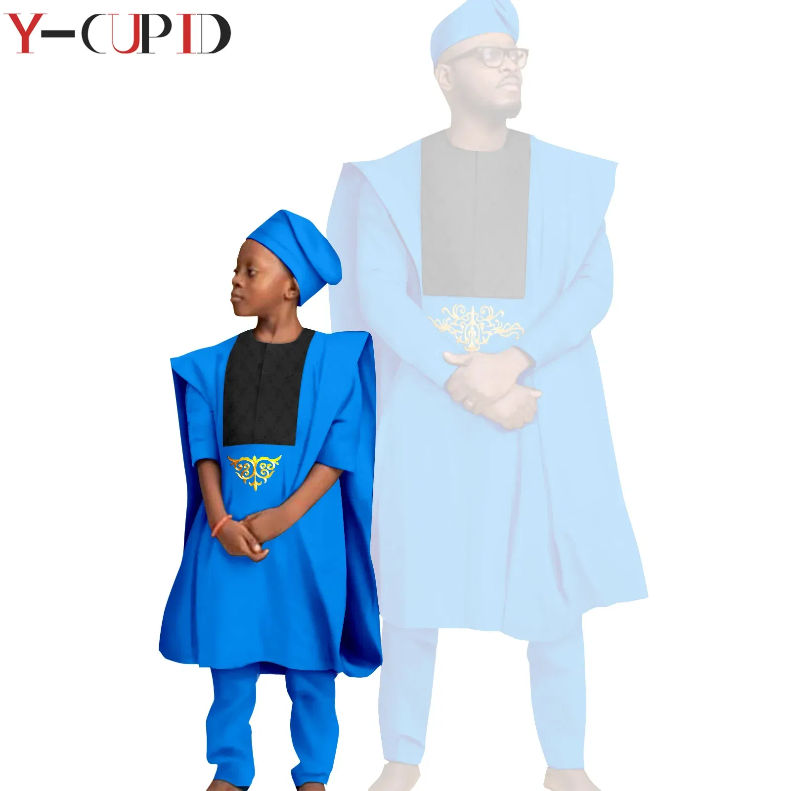 Color: Clear, Size: M - African Clothes for Men Top Pants Robes Hat Sets Match Kid Boy Sets Dashiki Father and Son Bazin Riche Family Outfits Y20F001
