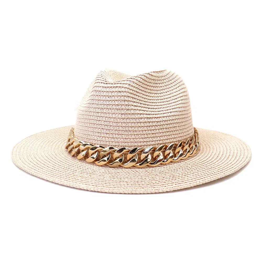 Color: Pink, Size: L - Fashion Gold Chain Belt Panama Straw Hats For Women Summer Breathable Beach Sun Hats Elegant Ladies Party Jazz Hat