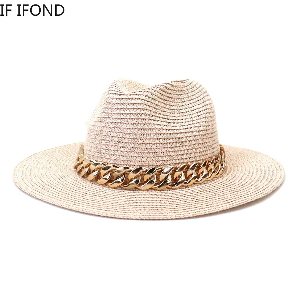 Color: Pink, Size: L - Fashion Gold Chain Belt Panama Straw Hats For Women Summer Breathable Beach Sun Hats Elegant Ladies Party Jazz Hat