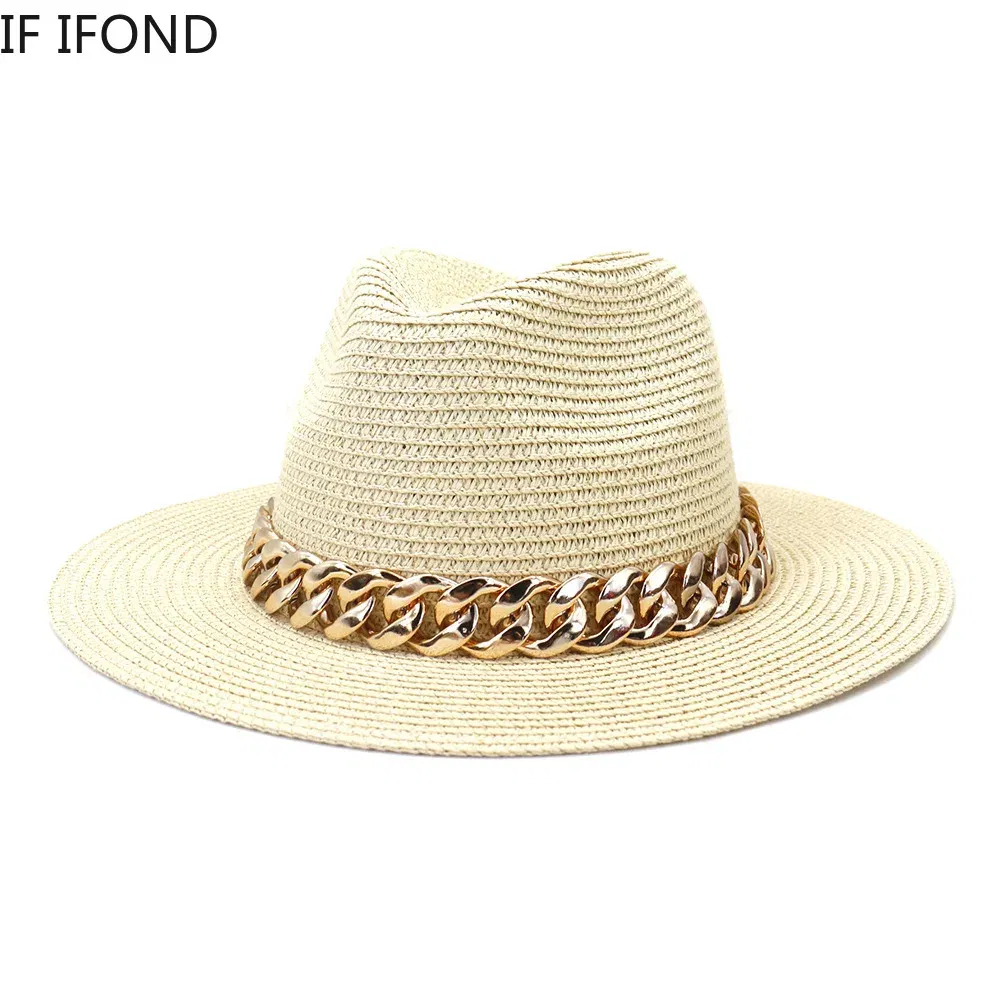 Color: Pink, Size: L - Fashion Gold Chain Belt Panama Straw Hats For Women Summer Breathable Beach Sun Hats Elegant Ladies Party Jazz Hat