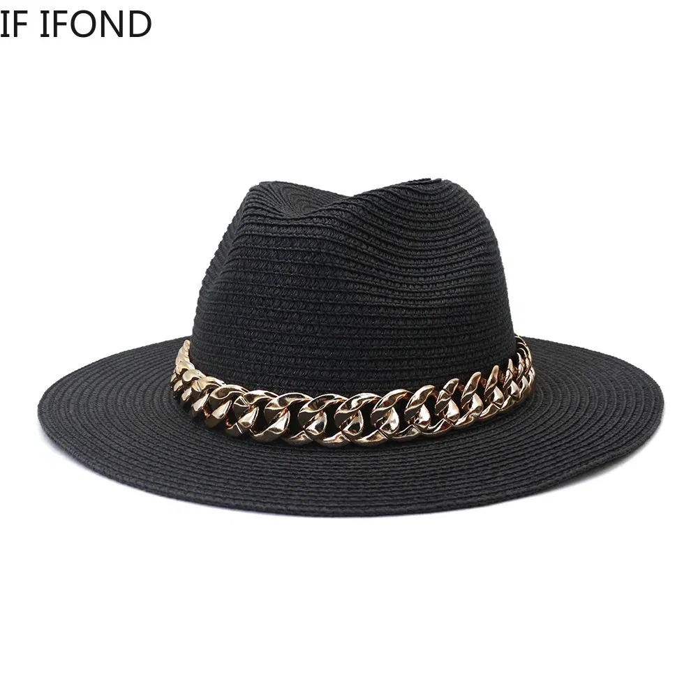 Color: Pink, Size: L - Fashion Gold Chain Belt Panama Straw Hats For Women Summer Breathable Beach Sun Hats Elegant Ladies Party Jazz Hat