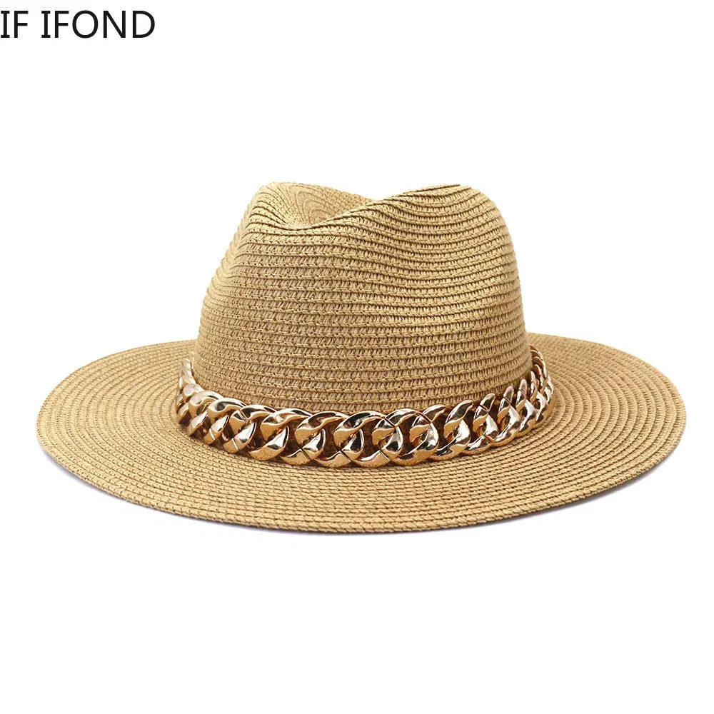 Color: Pink, Size: L - Fashion Gold Chain Belt Panama Straw Hats For Women Summer Breathable Beach Sun Hats Elegant Ladies Party Jazz Hat
