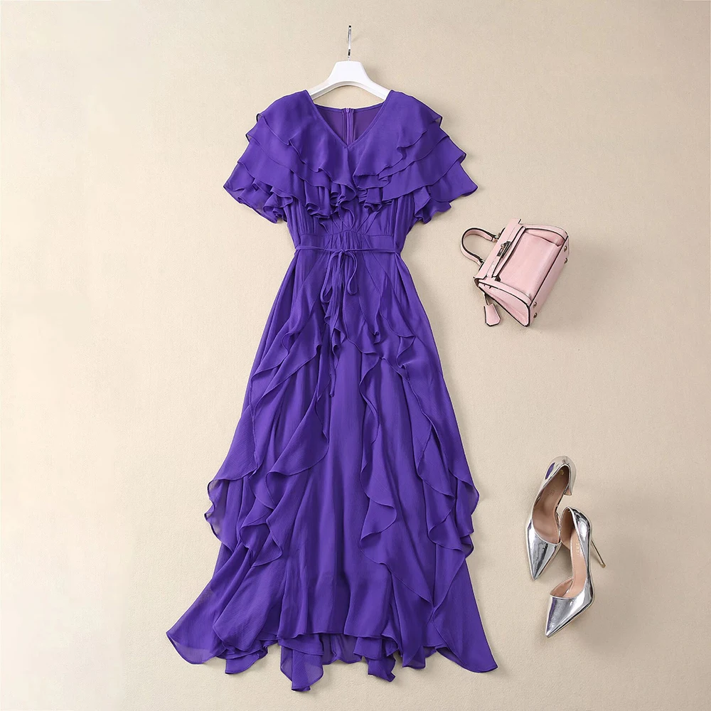 Color: Blue, Size: S, Ships From: CHINA - SEQINYY Elegant Midi Dress Summer Spring New Fashion Design Women Runway Short Sleeve Ruffles Cascading High Street Casual