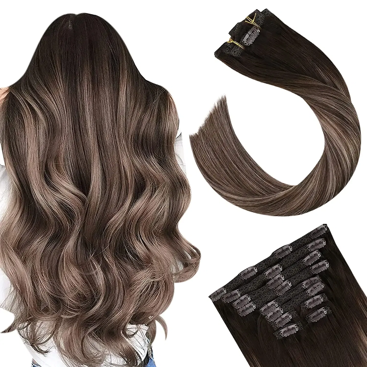 Color: T403/DB3, Length: 20 INCHES, Weight Per Package: 120g/Set - [16 Colors] Ugeat Clip in Hair Extensions Human Hair 14-22" Double Weft Remy Hair Full Head Clip in Extensions for Woman 7Pcs