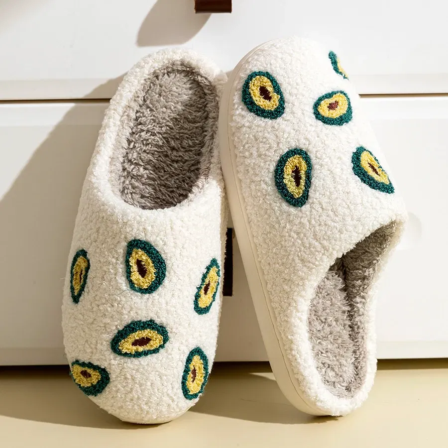 Color: Beige, Shoe Size: 3.5 - Cute Avocado Women Slippers Winter Warm Indoor Fruit Cartoon Funny Soft Non-slip Slipper Cherry Strawberry Comfy Cotton Shoes
