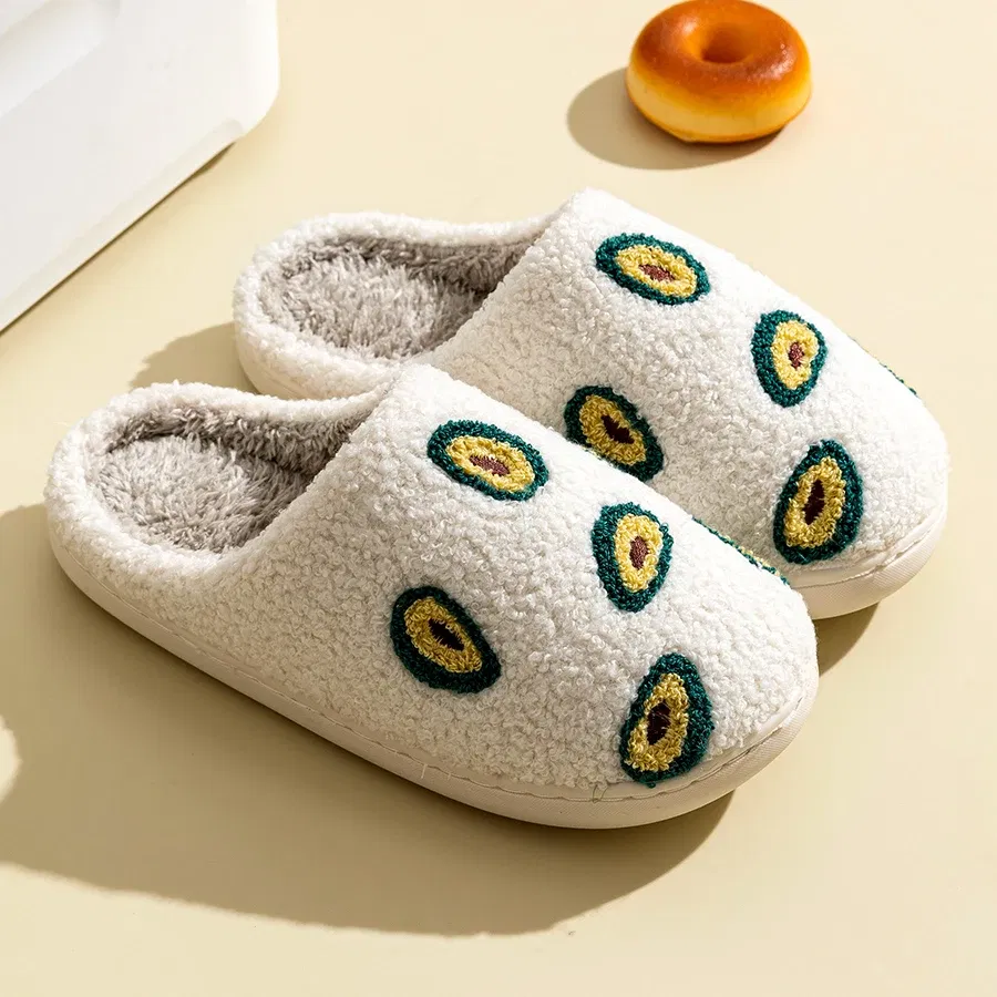 Color: Beige, Shoe Size: 3.5 - Cute Avocado Women Slippers Winter Warm Indoor Fruit Cartoon Funny Soft Non-slip Slipper Cherry Strawberry Comfy Cotton Shoes