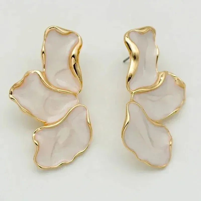 Metal Color: Rhodium Plated - Metal Flower Cream Stud Earrings for Women Fashion Gold Color Plating Irregular Post Earrings Heavy Design Statement Earring