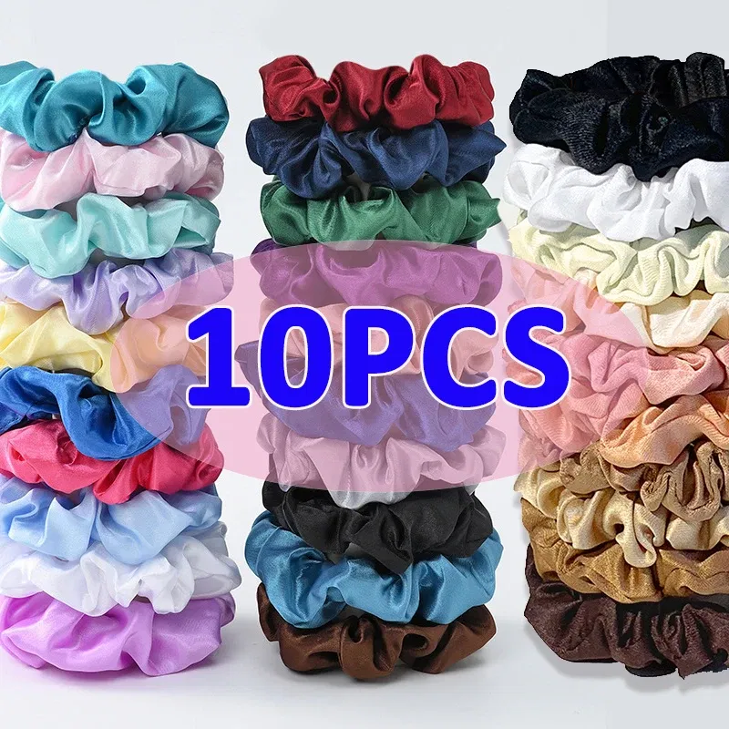 Color: Lavender - 10pcs/pack Women Colorful Satin Silk Scrunchies Elastic Hair Bands Solid Color Dot Hair Ties Ponytail Holder Hair Accessories