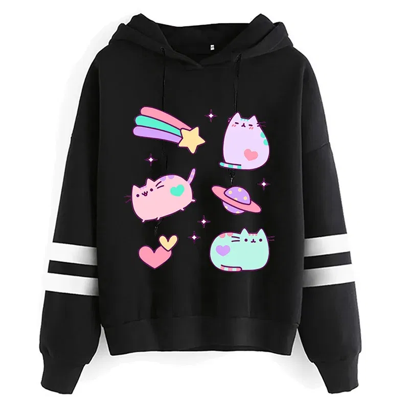 Color: light green, Size: M - Women Ullzang Cute Cat Funny Cartoon Sweatshirt Pusheen Cat Kawaii Harajuku Korean Style Hoodies Graphic Fashion Hoody Female