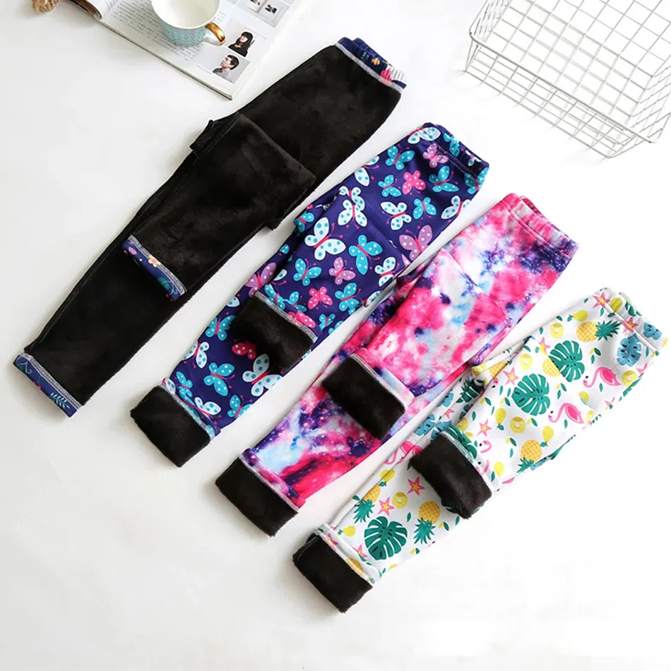 Color: Red, Size: 128 - Girls Warm Plush Long Pants for Autumn Spring Cartoon Butterfly Striped Soft Cozy Leggings Fleece-Lined Bottoms Kids Casual Wear