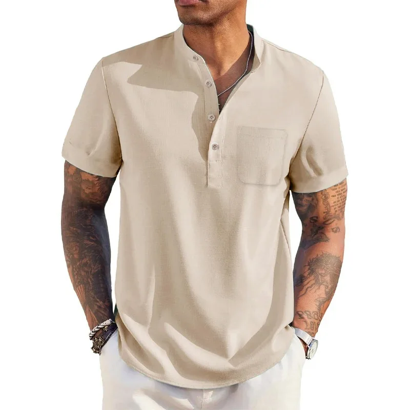 Color: GRAY, Size: S - Summer Men's Cotton Linen T-Shirt Henley Neck Pocket Casual Lightweight Breathable Beach Shirt Solid Color Basic Style Tops