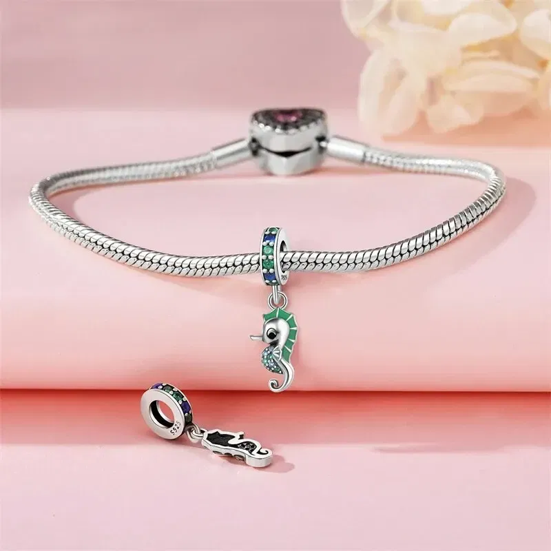 Color: Green - Fit Original Pandora Bracelet 925 Sterling Silver Seahorse Charms Beads Inlaid Zirconium Temperature Change Pendants Diy Jewelry