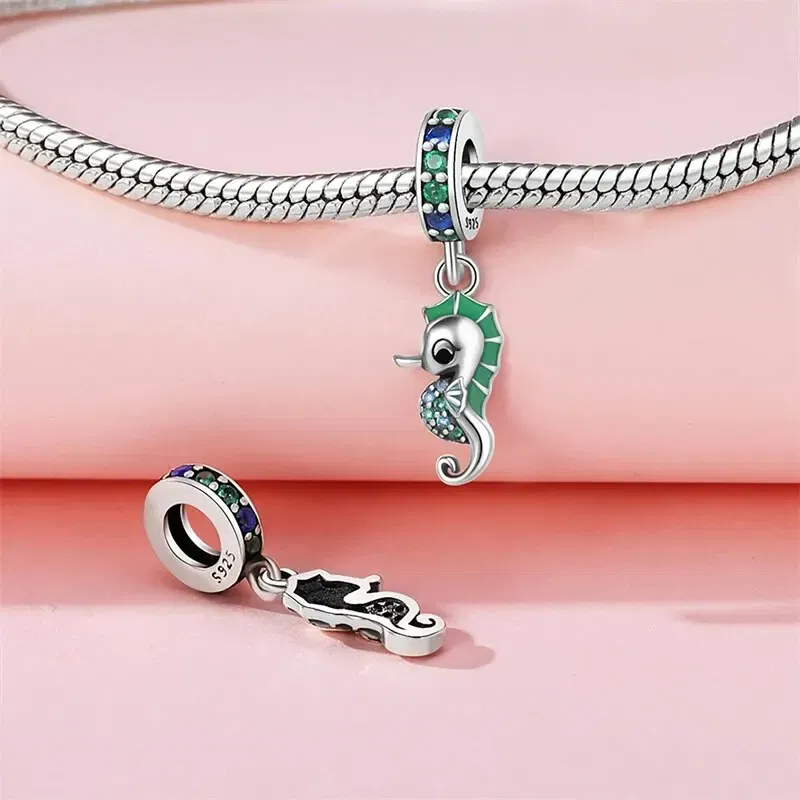 Color: Green - Fit Original Pandora Bracelet 925 Sterling Silver Seahorse Charms Beads Inlaid Zirconium Temperature Change Pendants Diy Jewelry