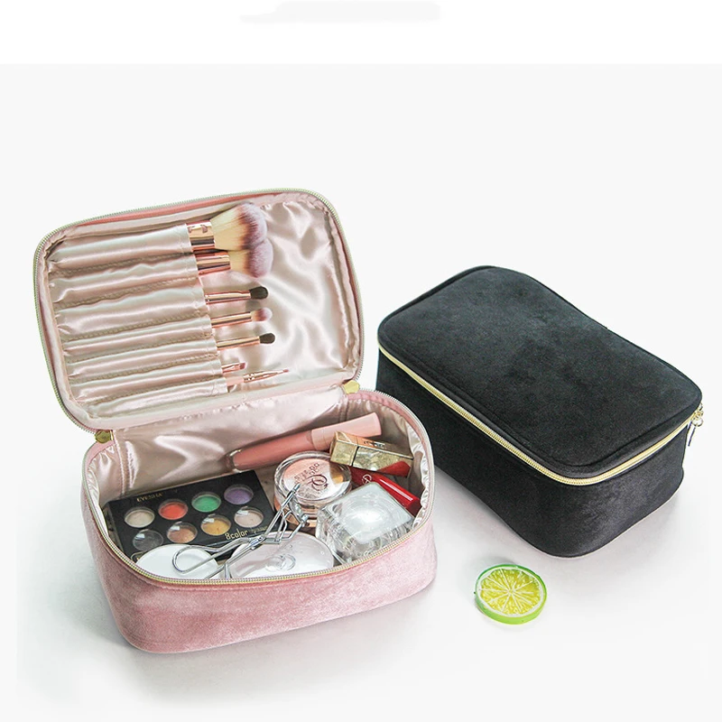 Color: black - Velvet Cosmetics Bag Top Handle Travel Large Capacity Brushes Suede Makeup Vanity Case Custom Initials Name Gift