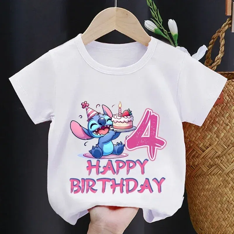 Color: Brown, Kid Size: 9 - Lilo Stitch Children T-shirt Birthday 3-10 Years Boy Girl Clothing Summer Cartoon Print Tshirt Short Sleeve Cotton Top Baby Tee