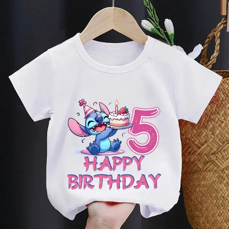 Color: Brown, Kid Size: 9 - Lilo Stitch Children T-shirt Birthday 3-10 Years Boy Girl Clothing Summer Cartoon Print Tshirt Short Sleeve Cotton Top Baby Tee
