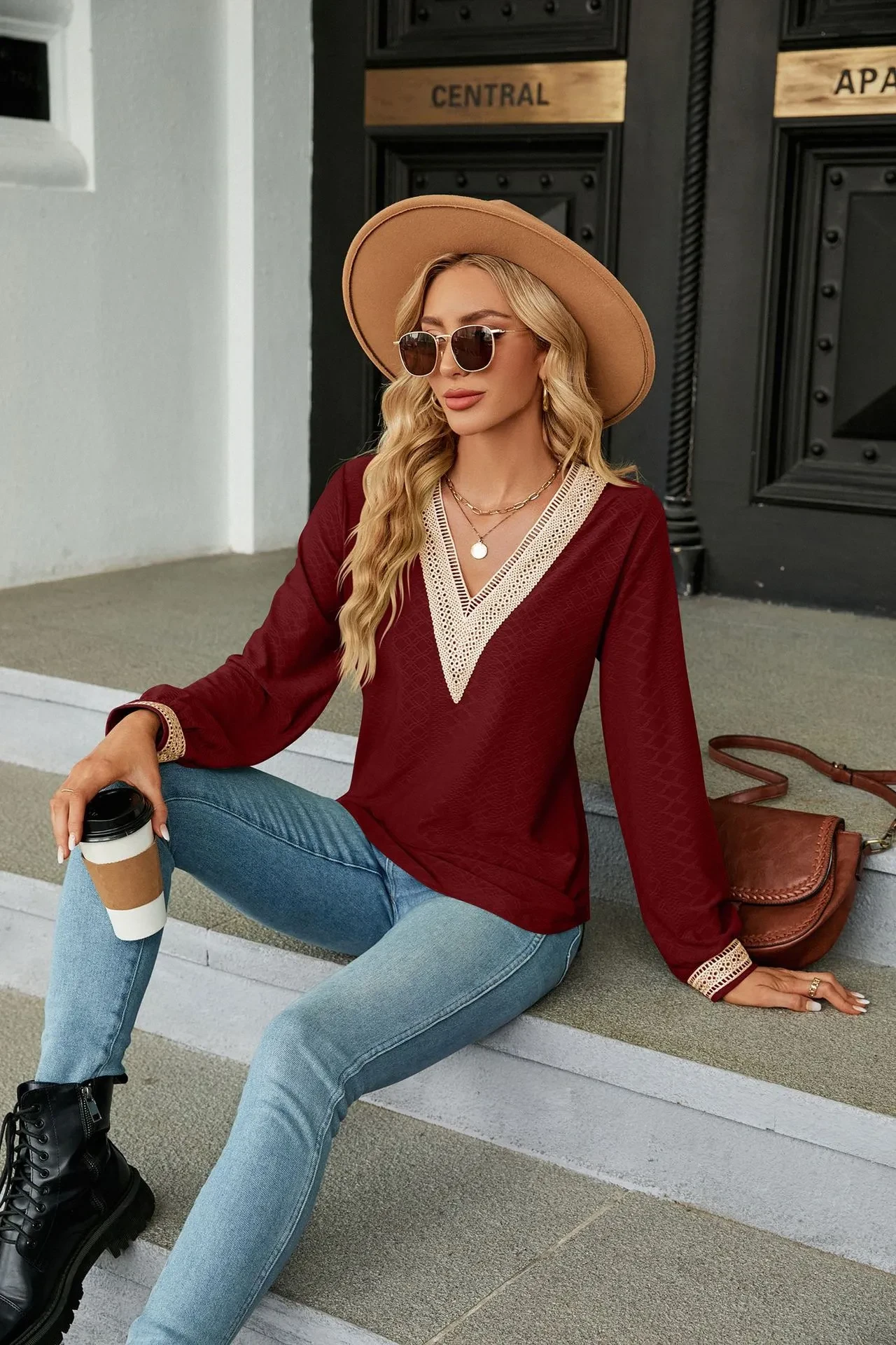 Lace Stitching V-neck T-shirt Loose Long-sleeved Solid Color Top For Women