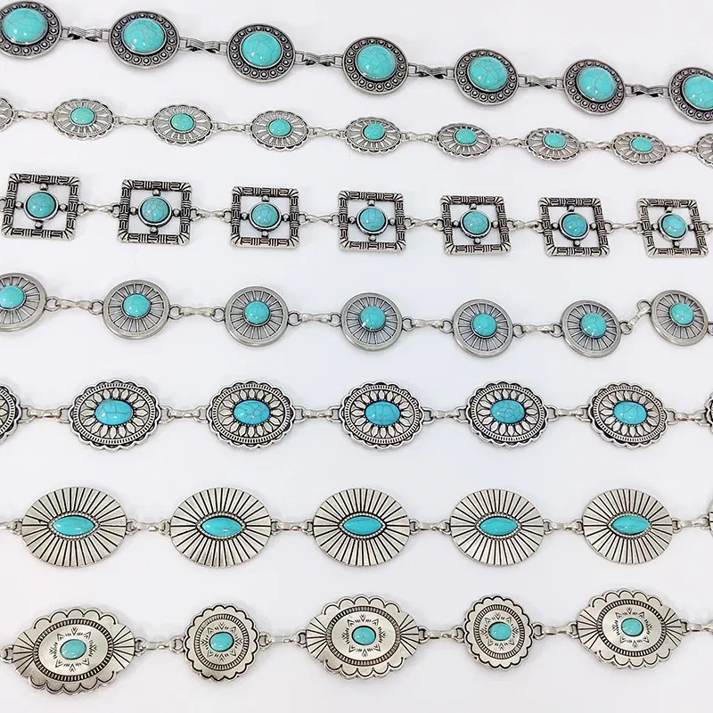 Color: green, Belt Length: 110cm - Fashion Silver Bohemian female circular waist chain luxury blue gemstone Ellipse chain belts for women suitable for Skirts dress