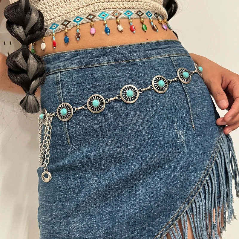 Color: green, Belt Length: 110cm - Fashion Silver Bohemian female circular waist chain luxury blue gemstone Ellipse chain belts for women suitable for Skirts dress