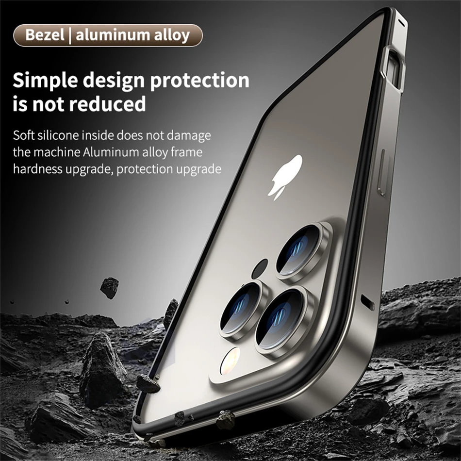 Color: Clear, Material: Microfiber - Titanium Metal Frame Bumper Shockproof Case for IPhone 16 15 Pro Max Plus 5G for Apple Solid Colour Protection Phone Cover