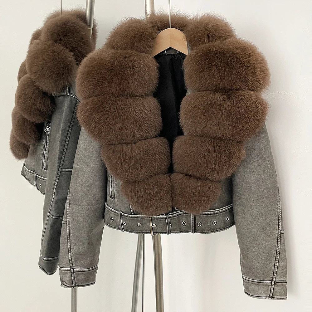 Color: PURPLE, Size: M - Fake Leather Coat New Natural Fox Fur Autumn Short Faux Leather Jacket Female Spring PU Women Long Sleeve Real Fur Coat Thin